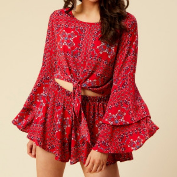 Altar'd State Tops - Altar'd State Mackenzie Crop Top Red Bell Sleeve